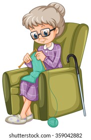 Old lady knitting on the chair illustration