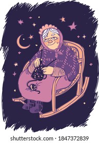 Old Lady Knitting In The Rocking Chair At Night Cute Vector Illustration