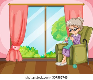 Old lady knitting in the room illustration