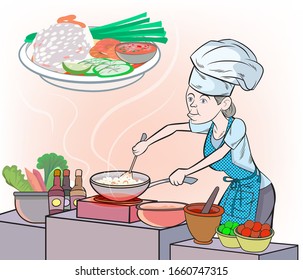 An old lady, a la carte restaurant, is doing fried rice with shrimp. Pop art retro illustration comic Style Vector. 