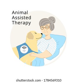 Old Lady And Labrador Service Dog Hand Drawn Illustration. Theand The Patient Illustration. Animal And Human Connection Drawing. Wrinkled Woman And Cute Labrador Poster.