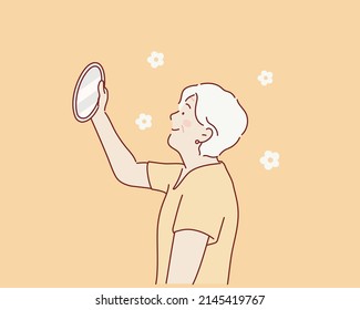 Old lady looking in mirror. Hand drawn style vector design illustrations.