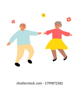 Old lady and old man dancing. Vector illustration on white background. 