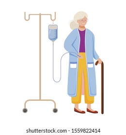 Old lady with medical infusion flat vector illustration. Aged woman with walking cane, hospital patient isolated cartoon character on white background. Healthcare industry, nursing home design element