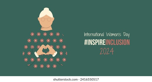 Old lady on International Women's Day 2024 banner. IWD InspireInclusion horizontal design with woman shows Heart Shape with hands. Minimalistic faceless style of Inspire Inclusion social campaign.