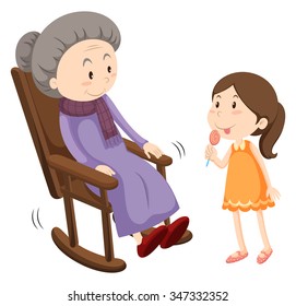 Old Lady On Rocking Chair And A Girl Illustration