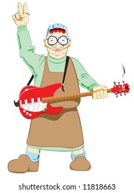 Old lady playing rock and roll guitar