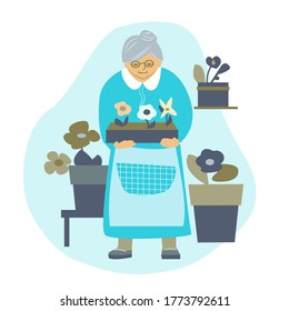 Old lady with potted flowers. Vector illustration.