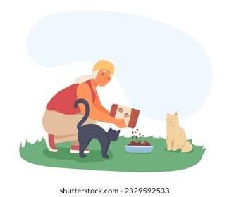 Alte Dame, die Essen für streunende Katzen gießt. Cartoon Charakter verbringt Zeit mit Haustieren. Aktiver Lebensstil für Senioren. Zeit für die Fütterung von Tieren. Konzept des glücklichen Ruhestands. Vektorgrafik