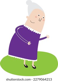 An old lady in purple dress standing on a green lawn.