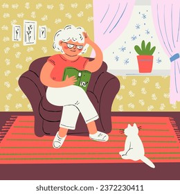 An old lady is reading a book sitting in an armchair in her room. Vector illustration in a naive style.