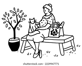 Alte Dame entspannt sich im Park. Einfache, moderne Illustration. Schwarz-Weiß-Vektorbild.