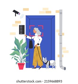 Old Lady Ringing Doorbell In Front Of The CCTV Or Surveillance Camera - Flat Vector Illustration Isolated On White. Woman Walking With Dog. Security Video Camera Monitoring Guests Of The House.