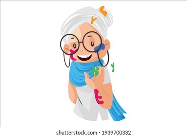 Old lady is saying hello. Vector graphic illustration. Individually on white background.
