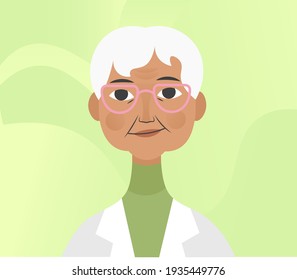 Old lady scientist with glasses. Vector flat art, illustration, card, banner
