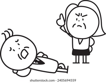 An old lady scolding an old man in a suit who is lying down