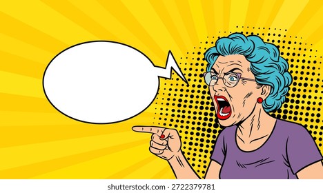 Alte Dame, die mit Rede schreit, Pop-Art-Illustration