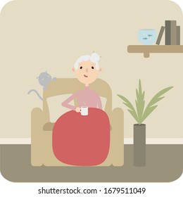 Old lady, senior, grandmother sitting on a armchair, drinking tea/coffee in the cozy living room whith cat, aquarium, books and home plant, resting at home, flat style cartoon image illustration