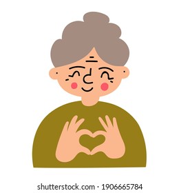 Old lady showing heart gesture by her hands. Vector illustration on white background. 