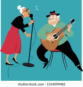 Old lady singing and an old gentleman accompany her on a guitar, EPS 8 vector illustration
