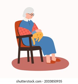 Old lady sit in a chair with a cat, vector illustration in cartoon flat style