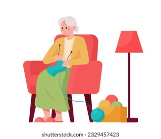 Old lady sitting in armchair and knitting. Grandmother doing household duties. Concept of housekeeping and retirement. Happy old age. Vector flat illustration in red and green colors