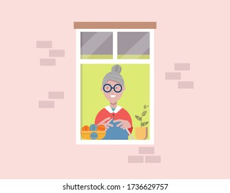 Old lady sitting by the window, knitting and looking outside. Neighbor. Self-isolation, quarantine concept. Recreation. Flat vector illustration, clip art. Design elements.