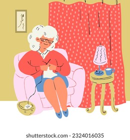 The old lady is sitting in a chair in her room and knitting. Vector illustration