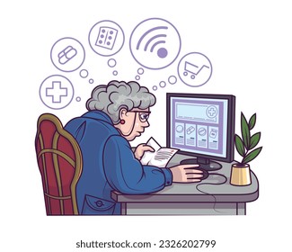 Vieja sentada cerca del ordenador y pidiendo pastillas. Concepto de ofertas especiales en tiendas online. Compras móviles en línea desde casa u oficina. Ilustración vectorial en estilo de caricatura