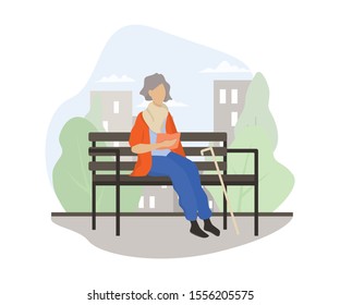 Old Lady Sitting On The Bench In The Park And Reading A Book. Elder Person Life Style. Isolated Vector Illustration In Cartoon Style