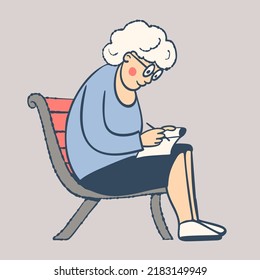 An old lady is sitting on a bench and writing in a notebook.  Vector illustration in cartoon style.