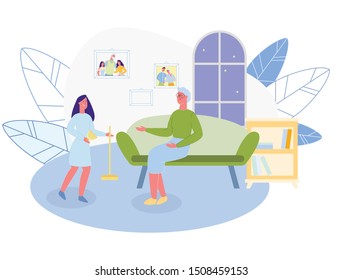 Old Lady, Sitting on Sofa in Living Room, Taking Some Rest, While Her Granddaughter Is Doing Work About House. School Age Girl, Sweeping Floor, Helping Her Aged Grandma with Household Chores.