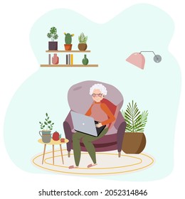 Old lady sitting in the room on armchair with laptop and coffe table Vector cartoon style clipart. Isolated image on white background.
