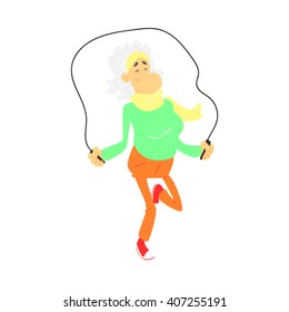 Old Lady With Skip Rope Cute Cartoon Style Isolated Flat Vector Illustration On White Background