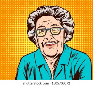 Old lady smiling, good-humored, bright, happy.Pop art retro comic book cartoon drawing illustration kitsch vintage