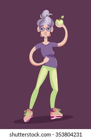 Old lady  in sports wear with green apple in hand. Editable layers and perfect for animation vector caracter