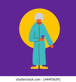 Old lady standing full length. Retired persons with phone isolated. Vector character design