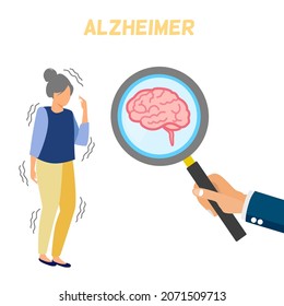 An old lady standing next to magnifying glass zoom at brain