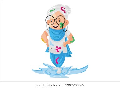 Old lady is standing with put both hands on her waist. Vector graphic illustration. Individually on white background. 
