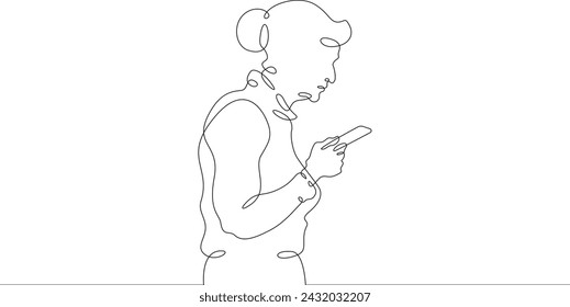 A old lady stands with a phone in his hand. A old lady is talking on a smartphone. One continuous line . Line art. Minimal single line.White background. One line drawing.