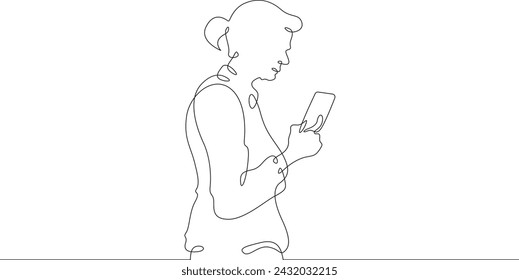 A old lady stands with a phone in his hand. A old lady is talking on a smartphone. One continuous line . Line art. Minimal single line.White background. One line drawing.