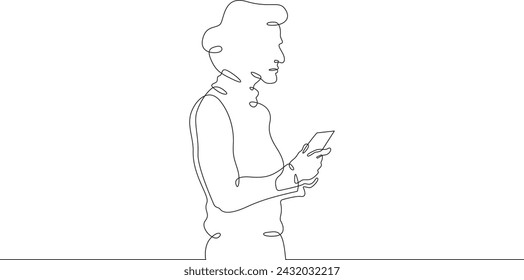 A old lady stands with a phone in his hand. A old lady is talking on a smartphone. One continuous line . Line art. Minimal single line.White background. One line drawing.