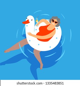 Old Lady Swimming In A Pool With A Cocktail. Enjoy Summer Title. Cartoon Illustration For Your Design.