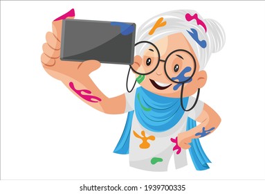 Old Lady Is Taking Selfie. Vector Graphic Illustration. Individually On White Background.