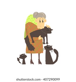 Old Lady With Three Cats Flat Isolated Vector Simple Drawing On White Background In Funny Cartoon Style
