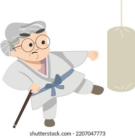 Old lady training for Karate. Judo and martial arts granny.