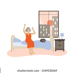 Old lady in underwear in the bed after a sleep. Old woman relaxing on the bed in her bedroom. Isolated vector illustration in cartoon style