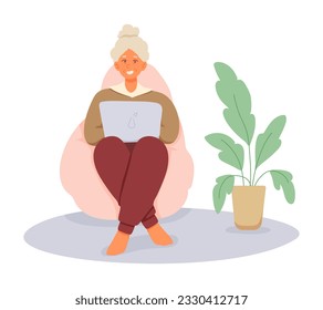 Old lady using laptop, watching movies and resting. Modern senior woman working on computer. Communicate via portable computer concept. Flat vector illustration in warm colors
