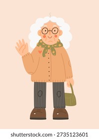 Alte Dame. Handgezeichnete Vektorgrafik im flachen Stil. Cartoon glücklich Großmutter winkende Hand. Stilvolle Seniorin