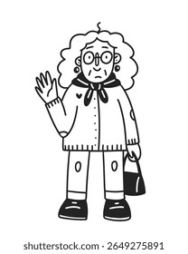 Old lady. Vector line hand-drawn illustration. Cartoon happy grandmother waving hand. Stylish senior woman